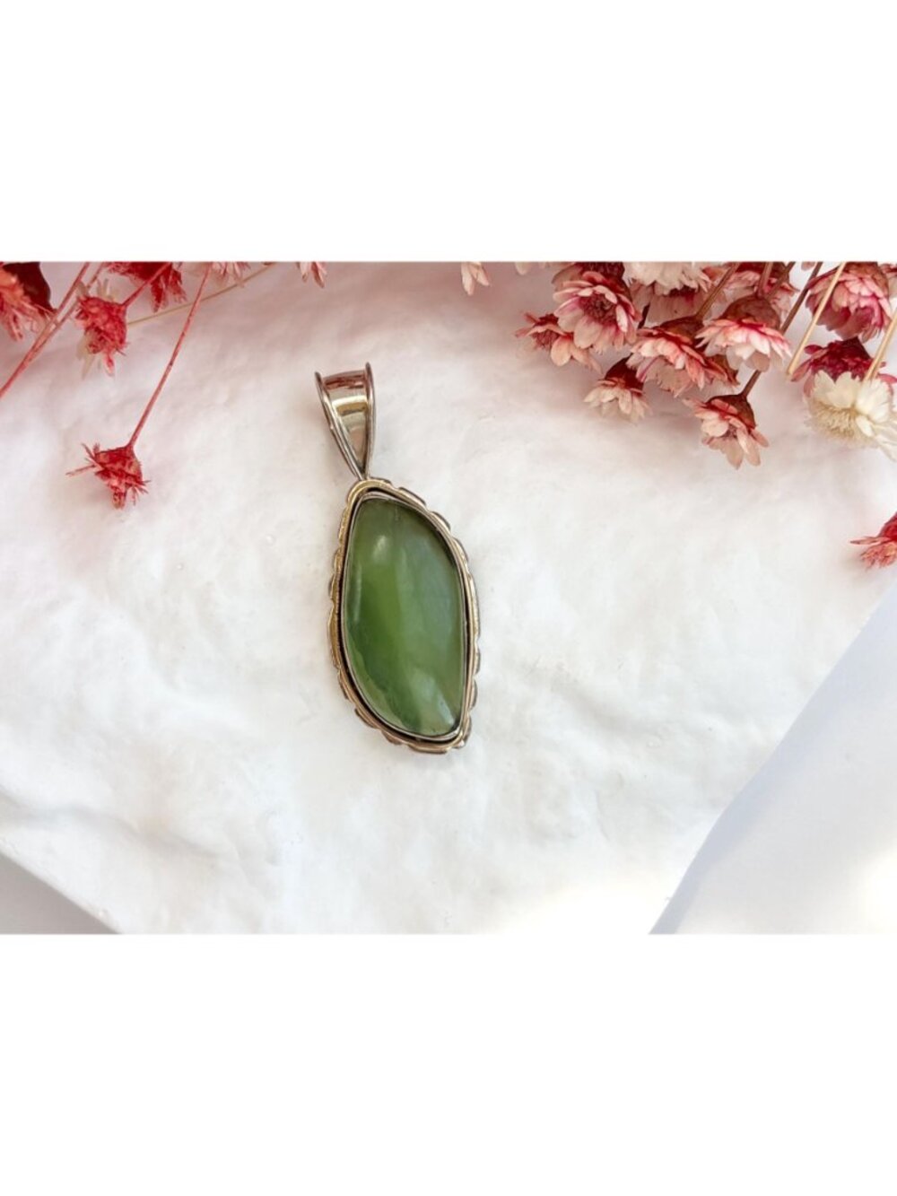 Natural Green Nephrite Gemstone Jumbo Sterling Silver Vintage 925 Pendant - Picture 11 of 11